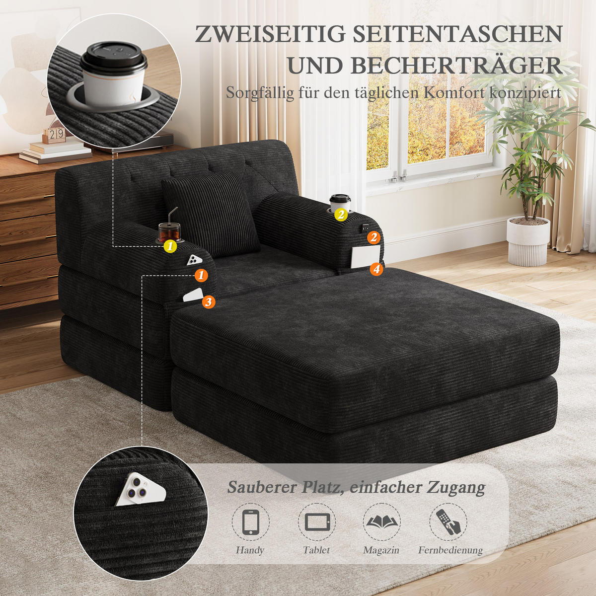SCHLAFSOFA mit Hocker und Liegefunktion aus Cord mit Getränkehaltern - Schwarz, Textil (191/60/162cm) - EVRYAE