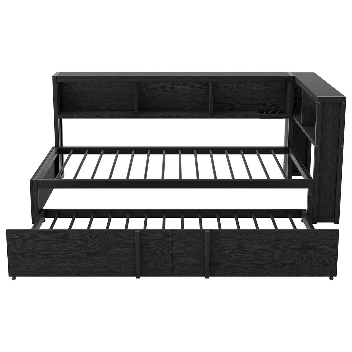 METALLBETT 90/200 cm in Schwarz mit Ausziehbett, LED und USB - Schwarz, Holzwerkstoff/Metall (90/200cm) - CHICFURN