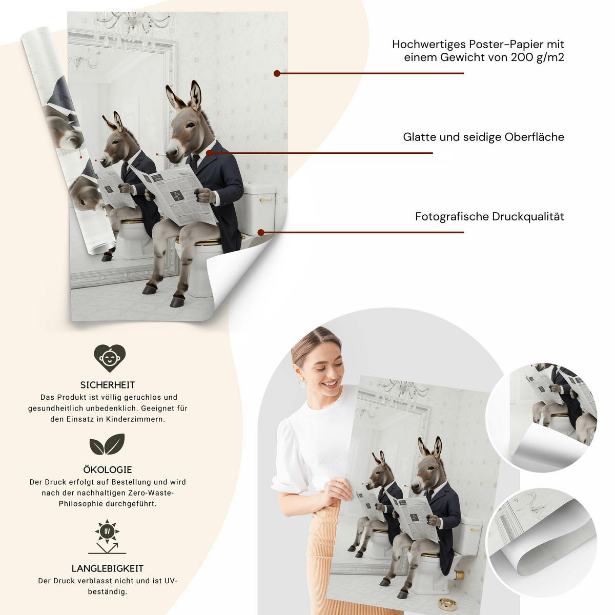 POSTER für Badezimmer WC ESEL im Anzug auf Toilette mit Zeitung Abstraktion 30x40cm - Beige/Schwarz, Papier (30/40/40cm) - Muralo