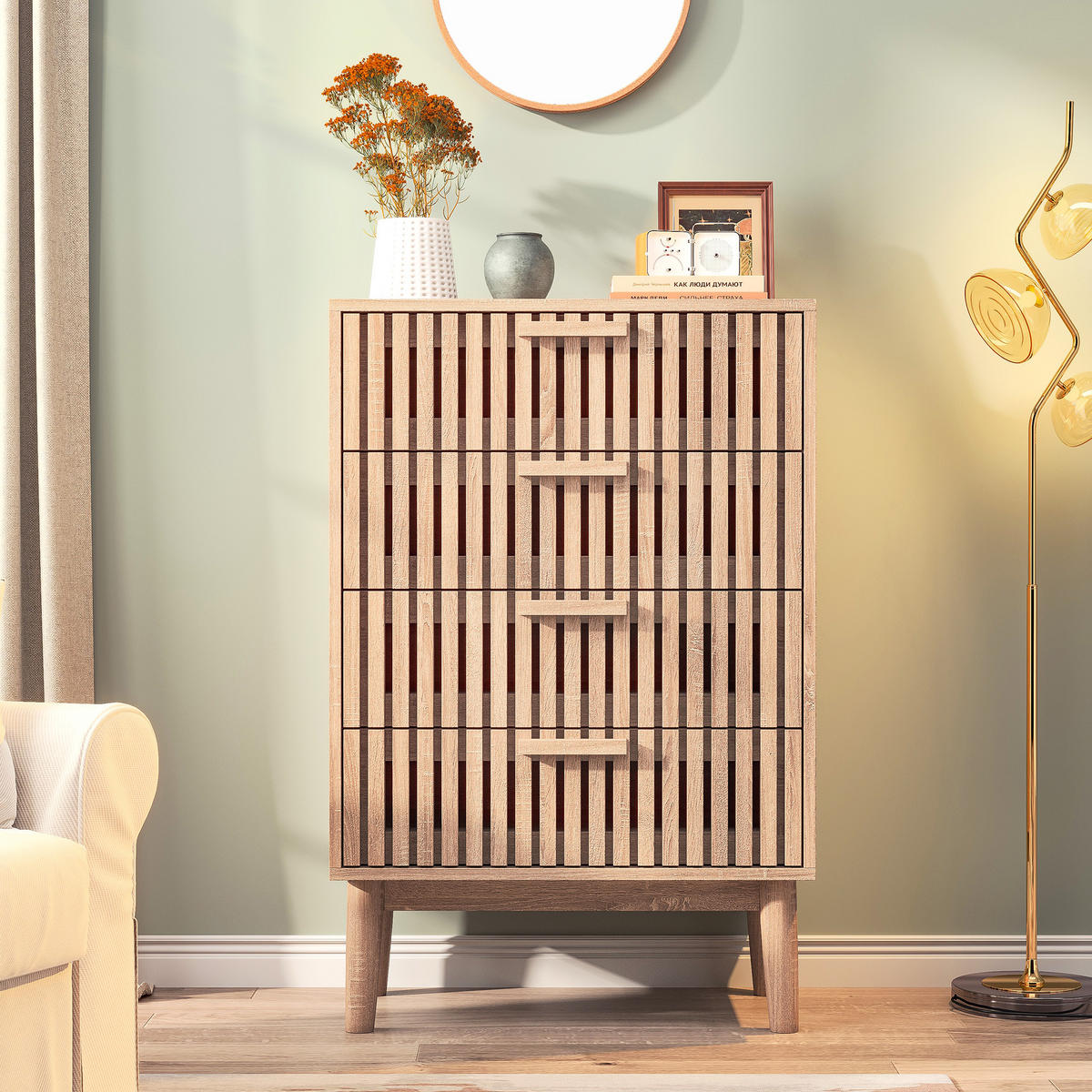 KOMMODE mit Rillenfront, 4 Schubladen Stauraum, Eiche hell, 34/60/91cm - Eichefarben, Holz (60/91/34cm) - Joyfair