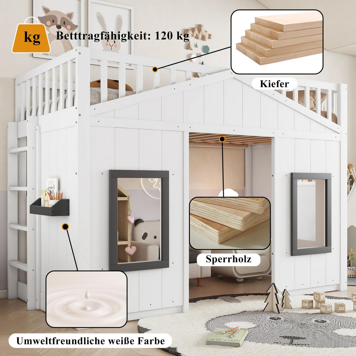 HOCHBETT 90/200 cm in Weiß mit Treppe, Fallschutz und Fensterdesign - Weiß, Holzwerkstoff (90/200cm) - Flora Grace