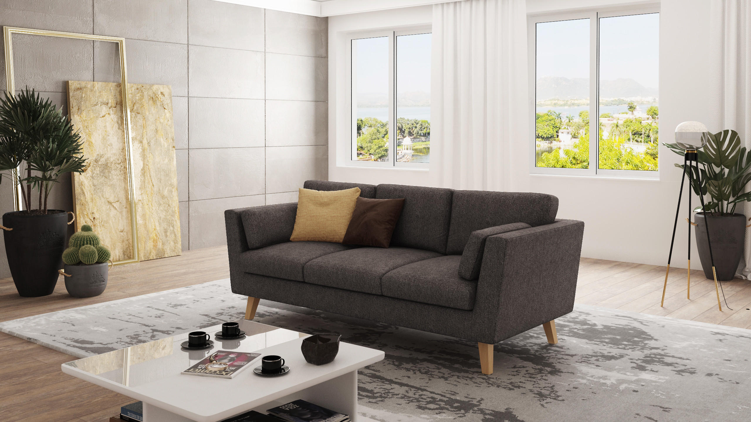 3-SITZER-SOFA Mario Braun - Khaki Microfaser - Hellbraun/Dunkelbraun, Holz/Buchenholz (206/90/89cm) - S-Style Möbel
