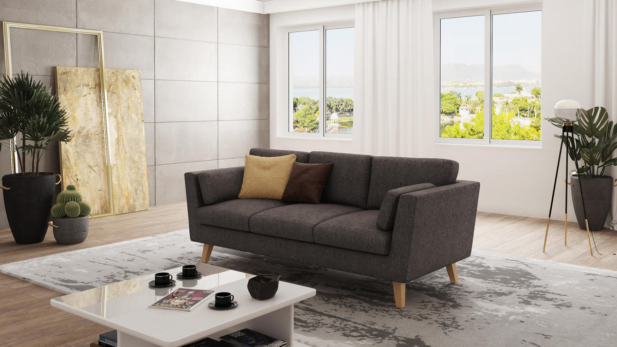 3-SITZER-SOFA Mario Braun - Khaki Microfaser - Hellbraun/Dunkelbraun, Holz/Buchenholz (206/90/89cm) - S-Style Möbel