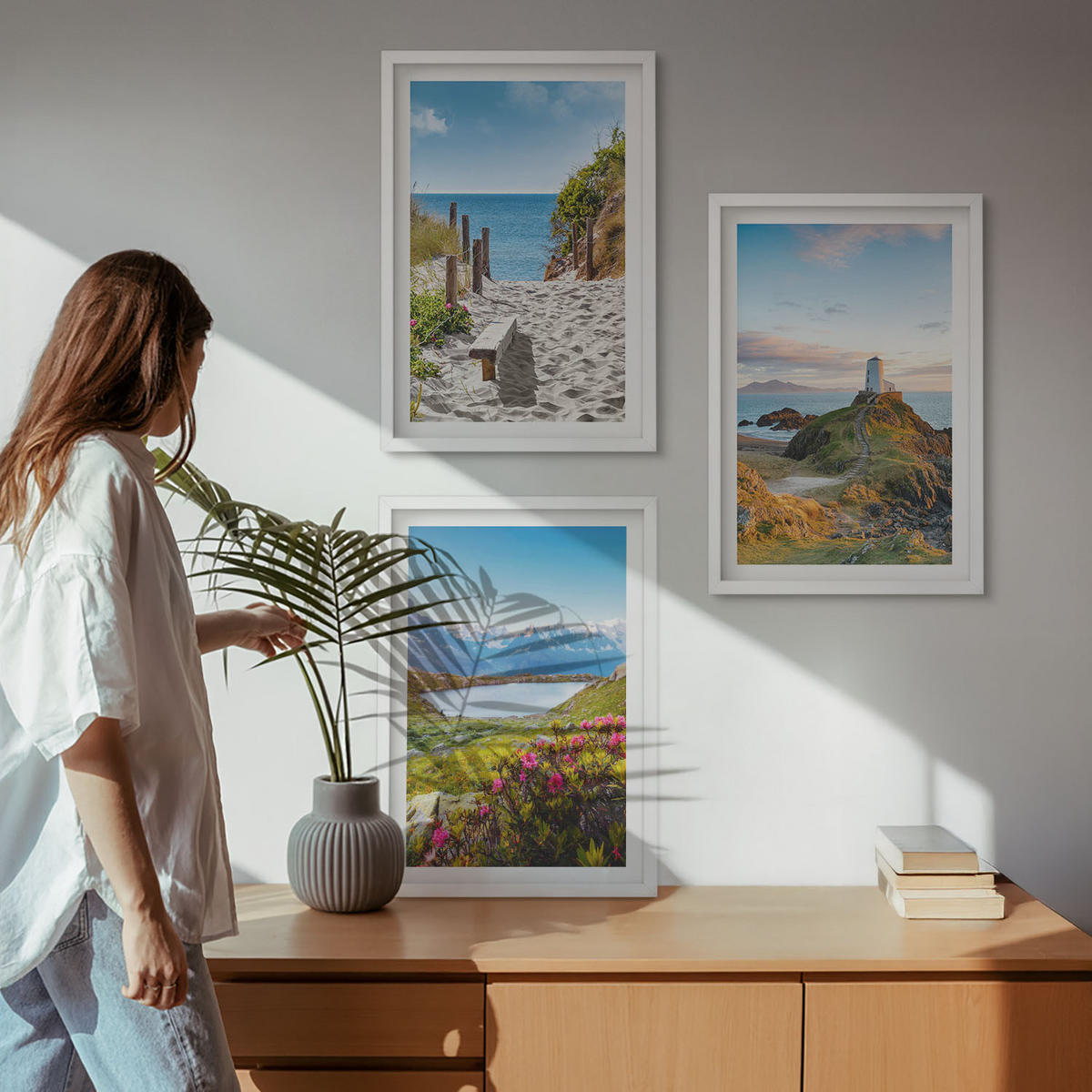 WANDBILDER 3er-Set - 40x60 cm Weißer Rahmen - Strand, Leuchtturm, Berge, Blumen - Weiß, Kunststoff (40/60cm) - ArtPrintCave