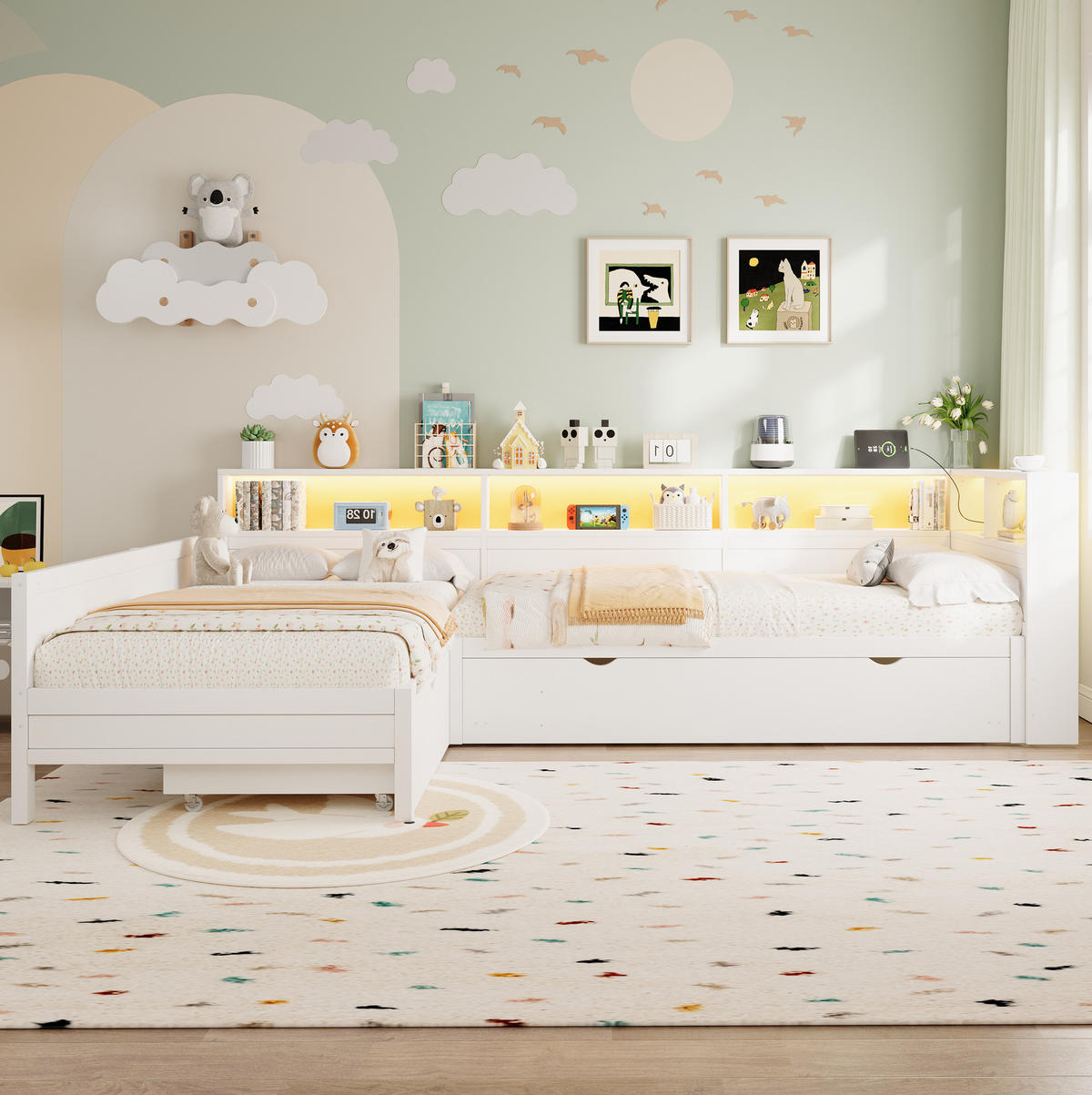 POSTEĽ v tvare L 90/200 cm biela z MDF a preglejky s výsuvným lôžkom, zásuvkou a LED čelom - biela, kompozitné drevo (90/200cm) - OKWISH