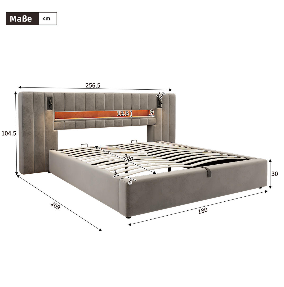 POLSTERBETT mit Stauraum, LED und USB 180x200 cm Samt Grau - Grau, Metall (180/200cm) - Meubliv