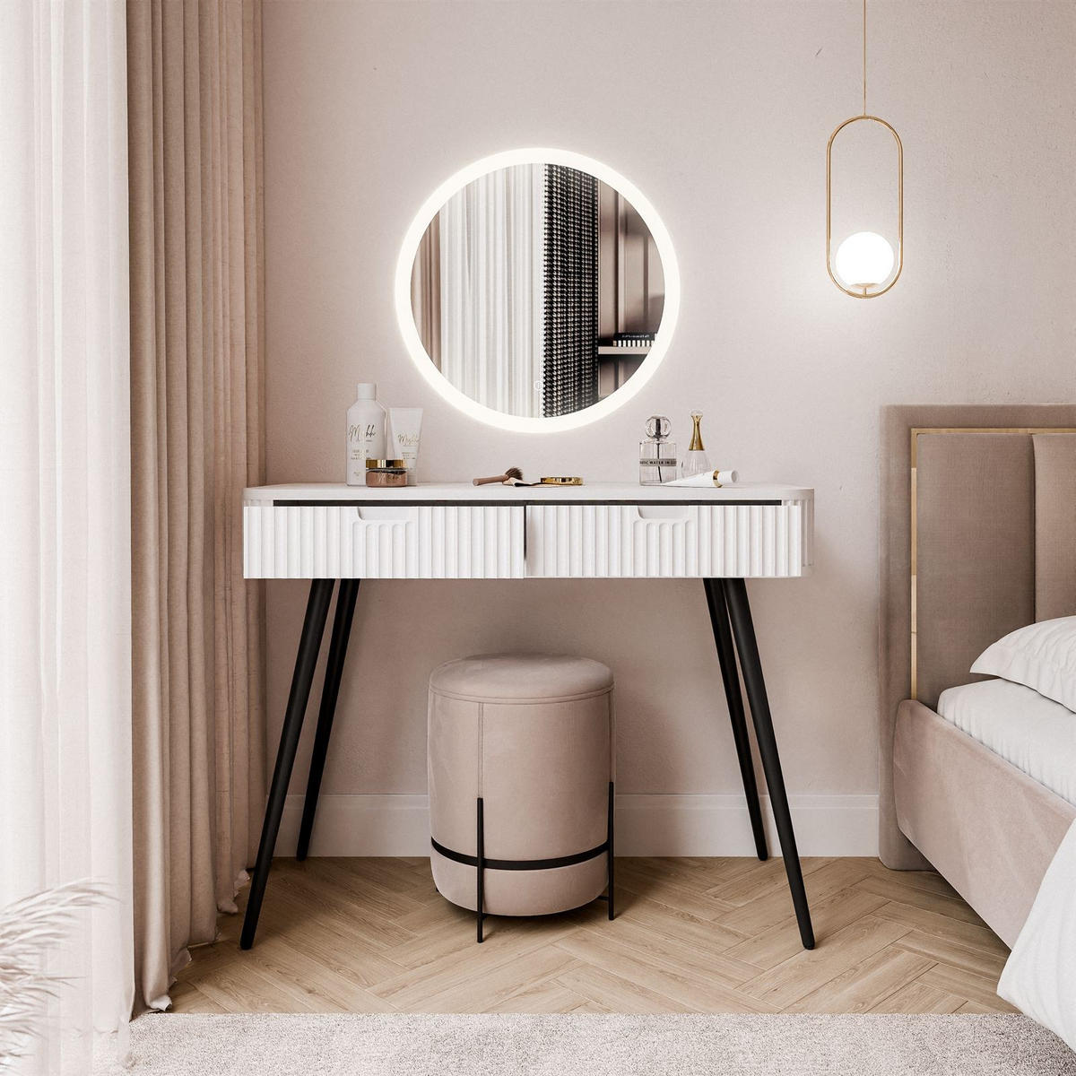 SCHMINKTISCH ZAIRA mit LED Spiegel Weiß - Weiß, Holzwerkstoff (103/80/49cm) - Lookway