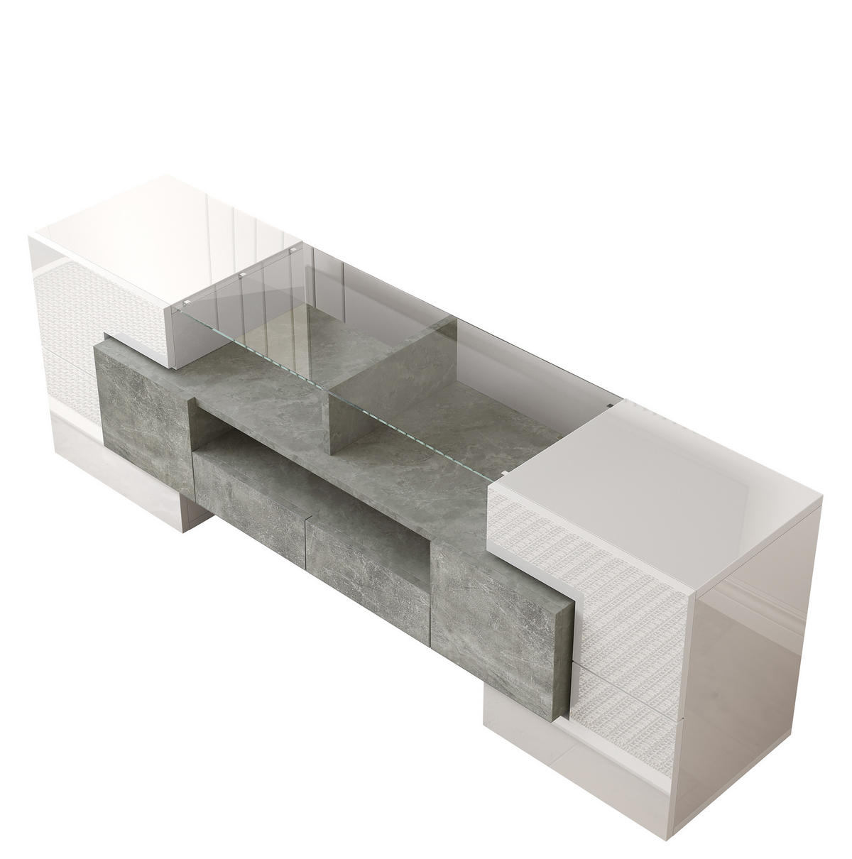 TV-LOWBOARD aus Spanplatte und MDF 145x30x51 cm Hochglanzweiß/Beton mit Mehrfarben-LED - Weiß, Holzwerkstoff (145/51/30cm) - IVMEU