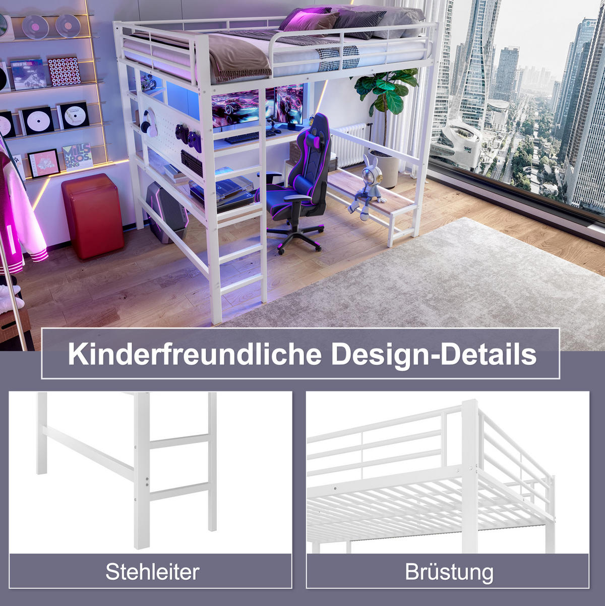 HOCHBETT 140/200 cm mit Schreibtisch, Regalen, Lochwand, LED, USB-C, Metall/MDF, Weiß - Weiß, Metall (140/200cm) - Redom