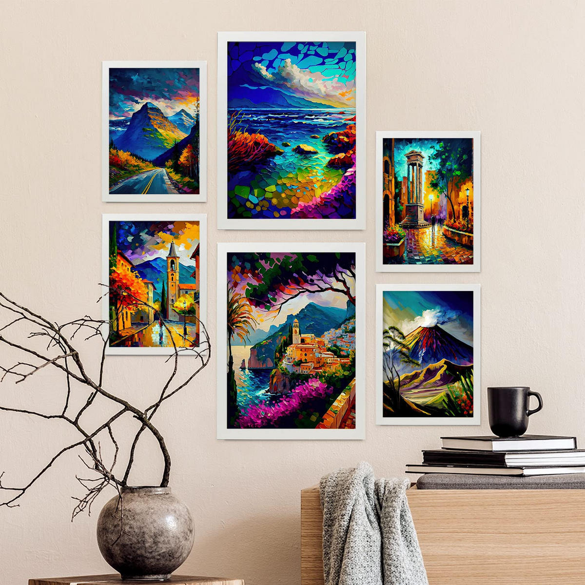 POSTER Set Mit 6 Berge Im Ölgemälde Stil A3 & A4 Weißer Rahmen - Weiß, Papier (29/3cm) - Nacnic