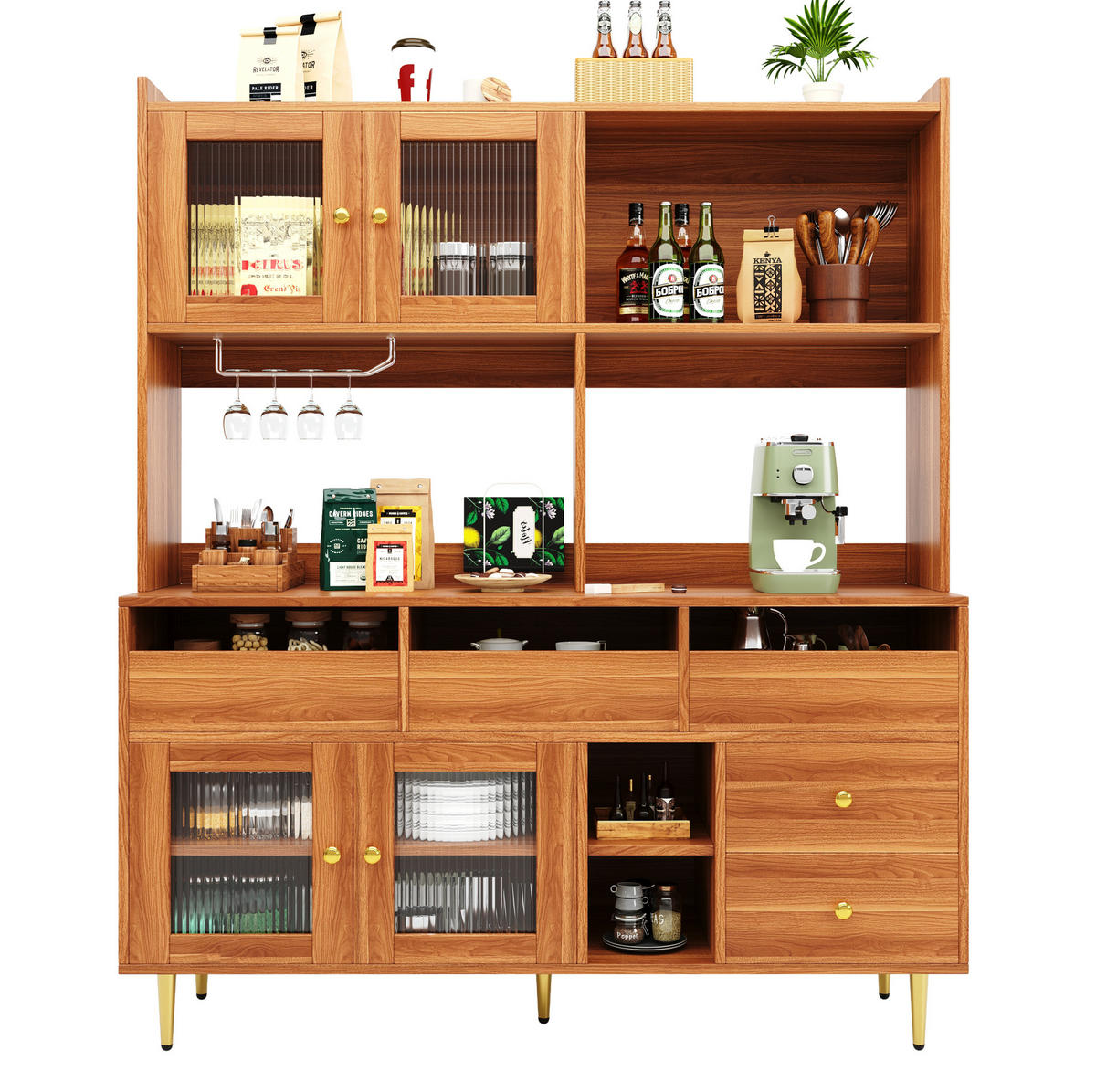 HOCHSCHRANK aus MDF in Walnussbraun mit Changhong-Glastür und Weinregal, 145/39/171 cm, Walnussbraun - Walnussfarben, Holzwerkstoff (39/171/145cm) - Redom