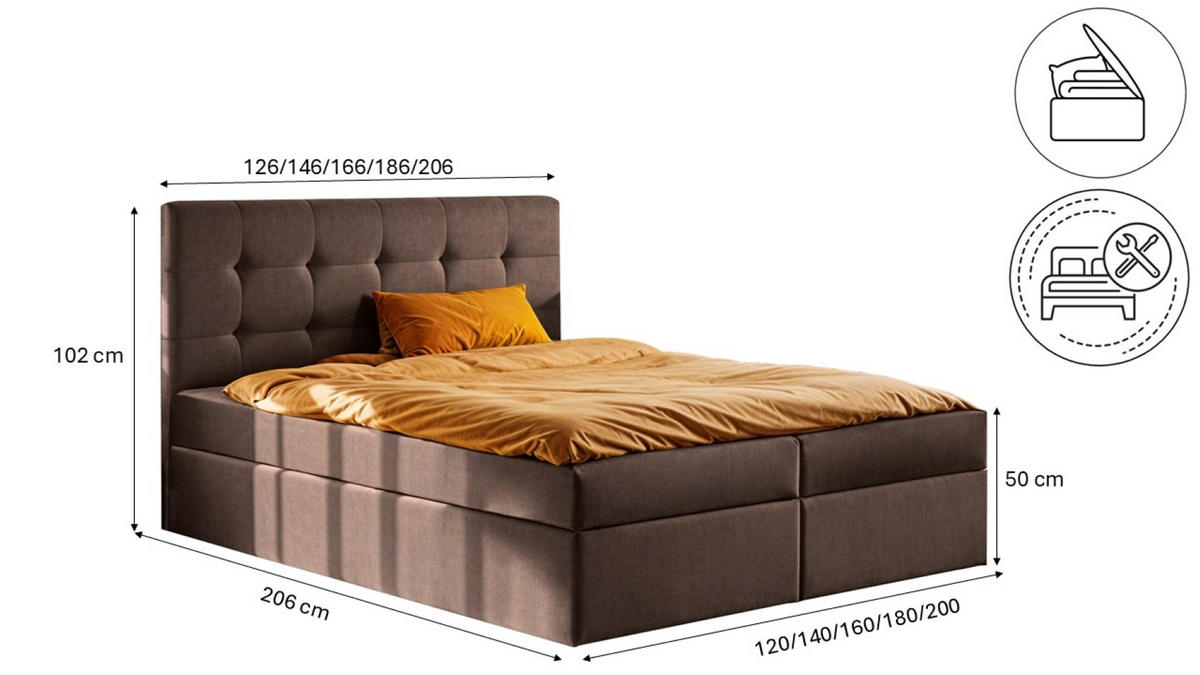 BOXBETT Mit Matratze Und Bettkasten LUDANO Stoff Noel Braun 120x200 cm H2-Pocket - Braun, Holz (120/200cm) - Kaiser Möbel