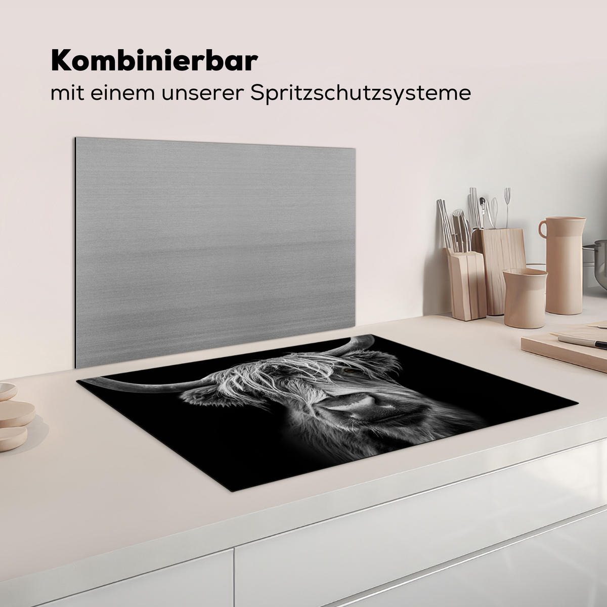 HERDABDECKPLATTE Schottischer Highlander - Hörner - Schwarz - Weiß - Kuh - Wild - Tiere Herdabdeckung Induktionsfeld 75x52 cm - Schwarz, Kunststoff (75/52/0.2cm) - MuchoWow