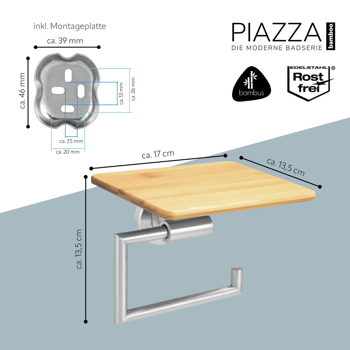 TOILETTENPAPIERHALTER PIAZZA BAMBUS mit Bambusablage, Edelstahl - Braun, Metall (17/13.5/13.5cm) - bremermann