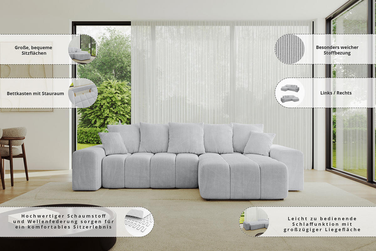 ECKSOFA Ottomane rechts ENIL-L 297x189x68 Grau Bouclé - Platinfarben, Holzwerkstoff/Kunststoff (189/297cm) - ALTDECOR