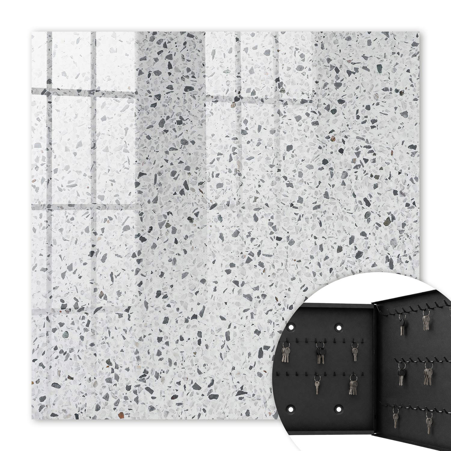 SCHLÜSSELBOX Schwarz 30x30 cm- Türöffnung nach rechts - Terrazzo-Stil - Weiß, Metall (30/30/5cm) - TULUP