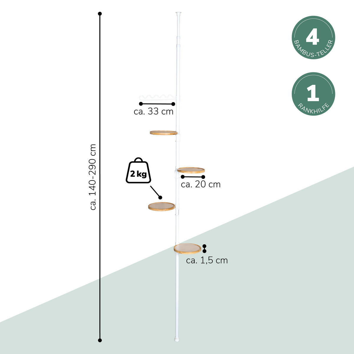 TELESKOP-BLUMENSÄULE mit 4 Bambusablagen, weiß - Weiß, Metall (53/290/20cm) - bremermann