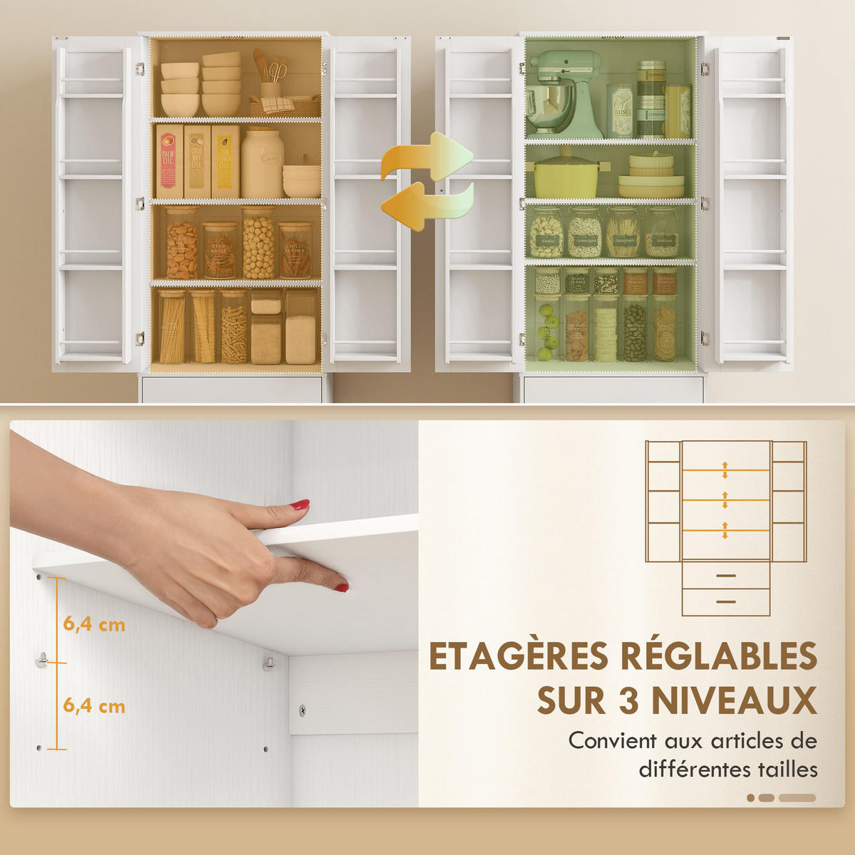 MEHRZWECKSCHRANK DE-11252 2 Türen & 2 Schubladen mit 8 Gewürzregalen Weiß - Weiß, Holzwerkstoff (40/159/60cm) - ComfortXL