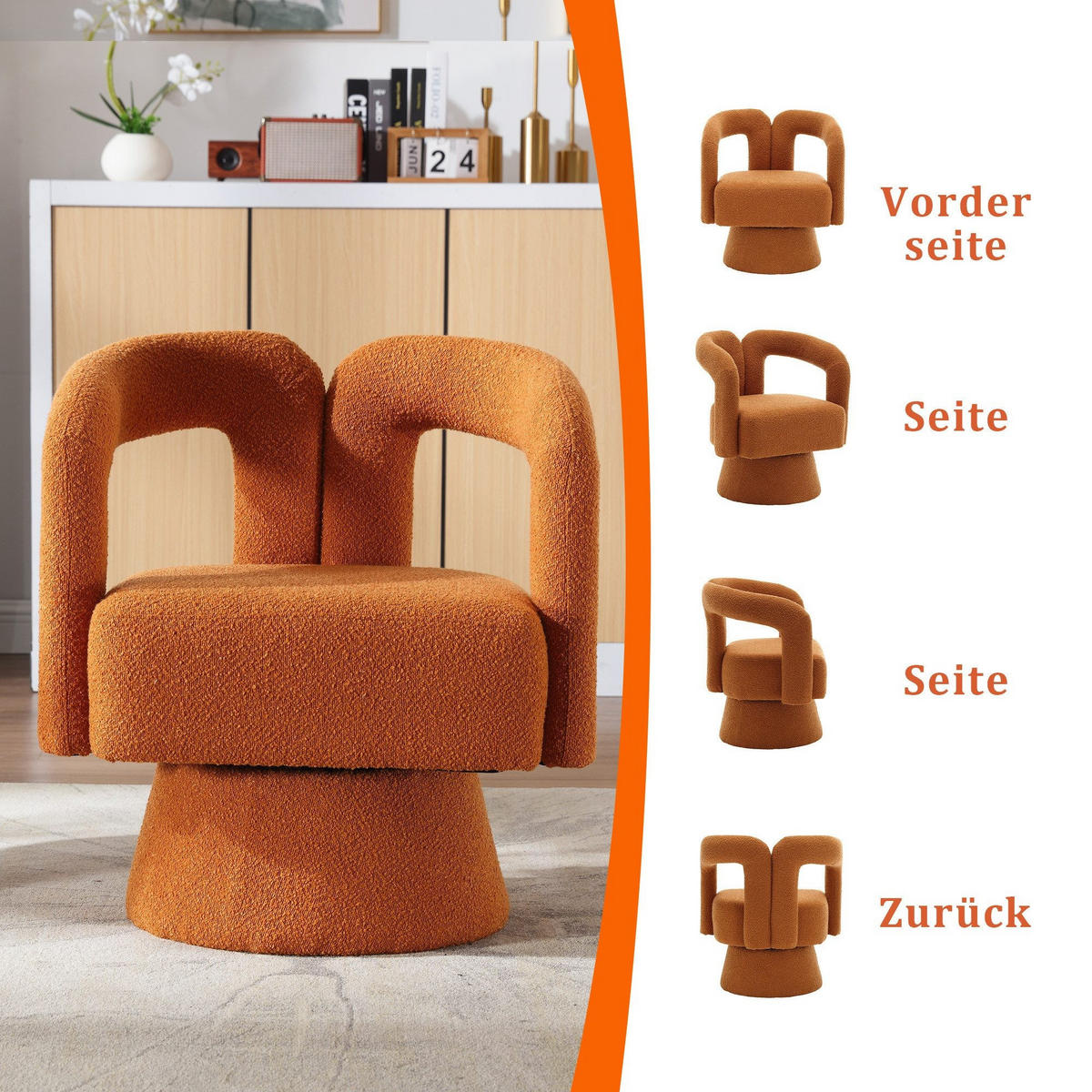 DREHSTUHL 360°Drehsessel Loungesessel mit Polsterung,Boucle,Orange - Orange, Textil (67/74/55cm) - LVHOM