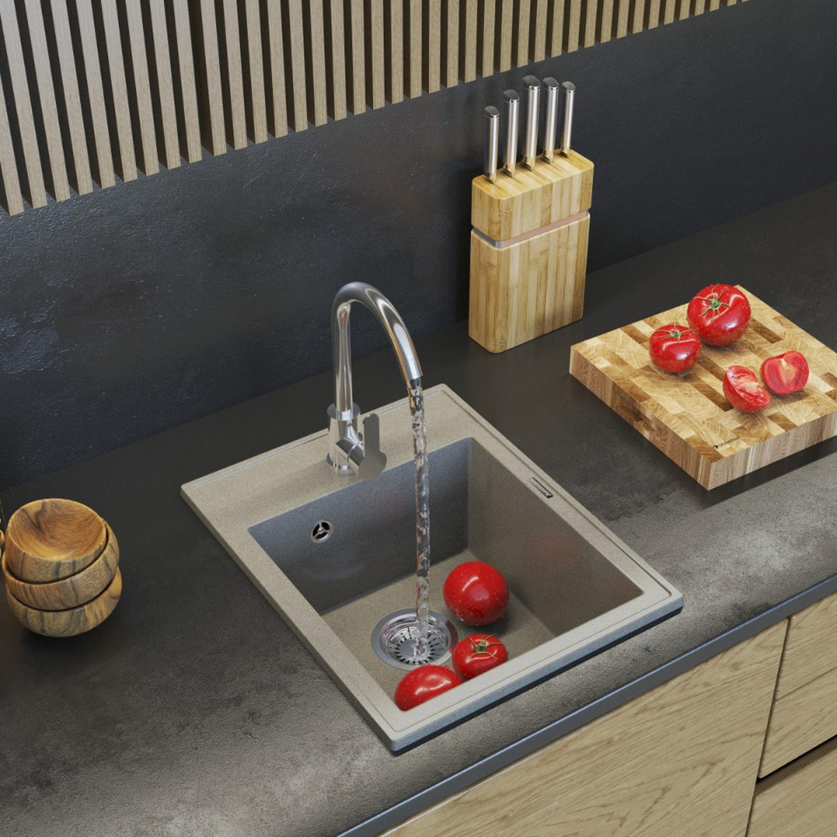 GRANITSPÜLE Nero mit Batterie und Siphon - Braun, Kunststoff/Stein (50/20/40cm) - Granitan