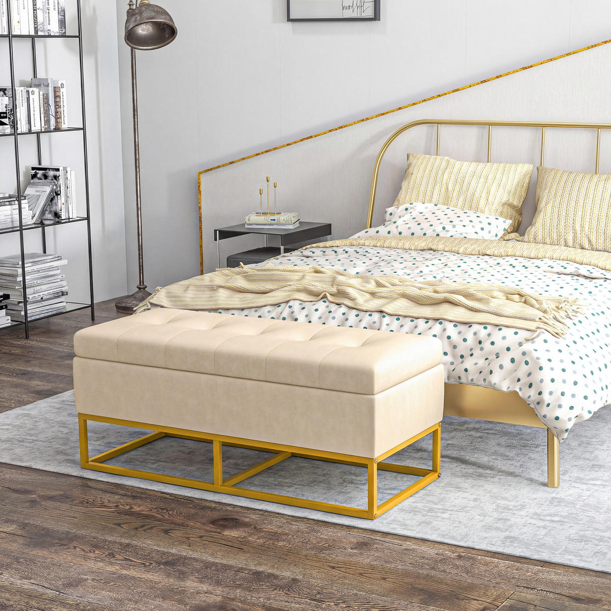 TRUHENBANKDE-07210 mit Knopfheftung und Flanelloptik Goldbeine - Beige, Metall (44/49/110cm) - ComfortXL