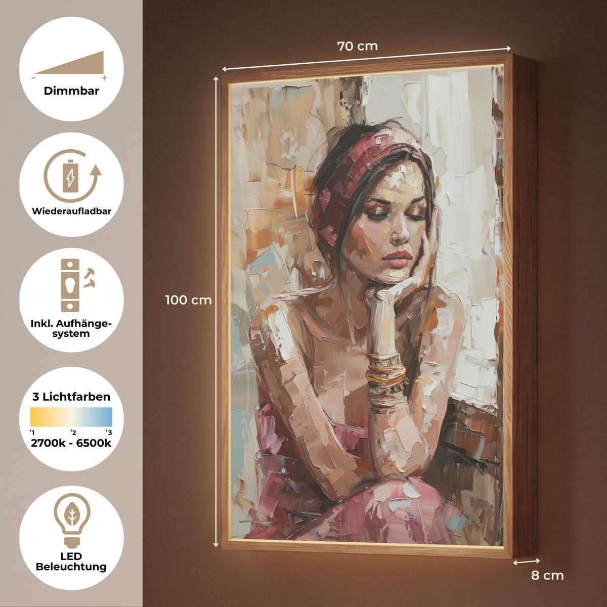 NÁSTĚNNÁ LAMPA S AKUMULÁTOREM Žena - vzhled malby - portrét - moderní 70x100 cm - hnědá, kompozitní dřevo (70/100/8cm) - OnlyWow