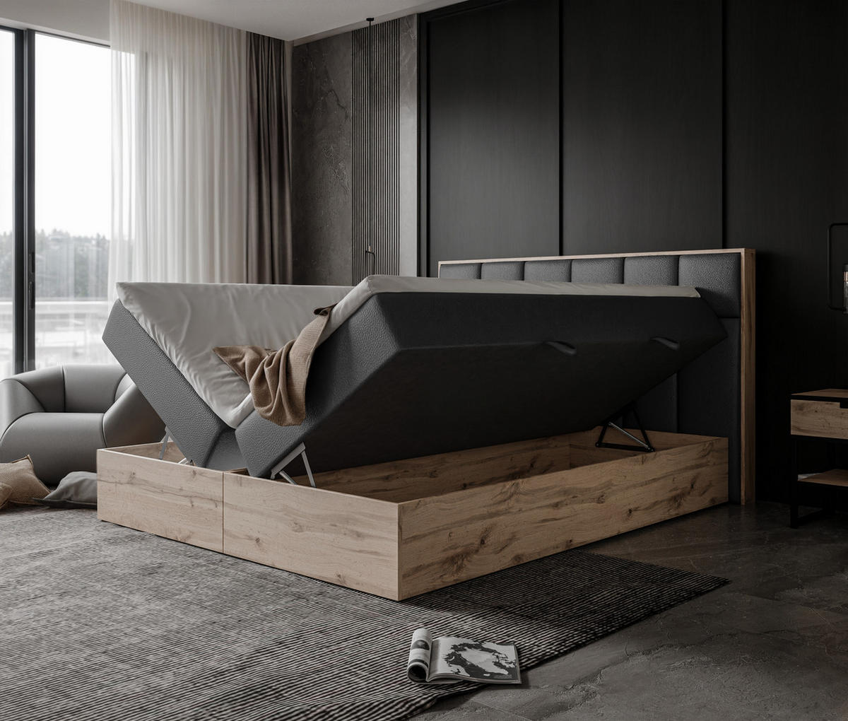 BOXBETT LAVIO II 160/200 cm, in Schwarz, mit Matratze und Topper - Schwarz, Holzwerkstoff/Textil (160/200cm) - Idohome
