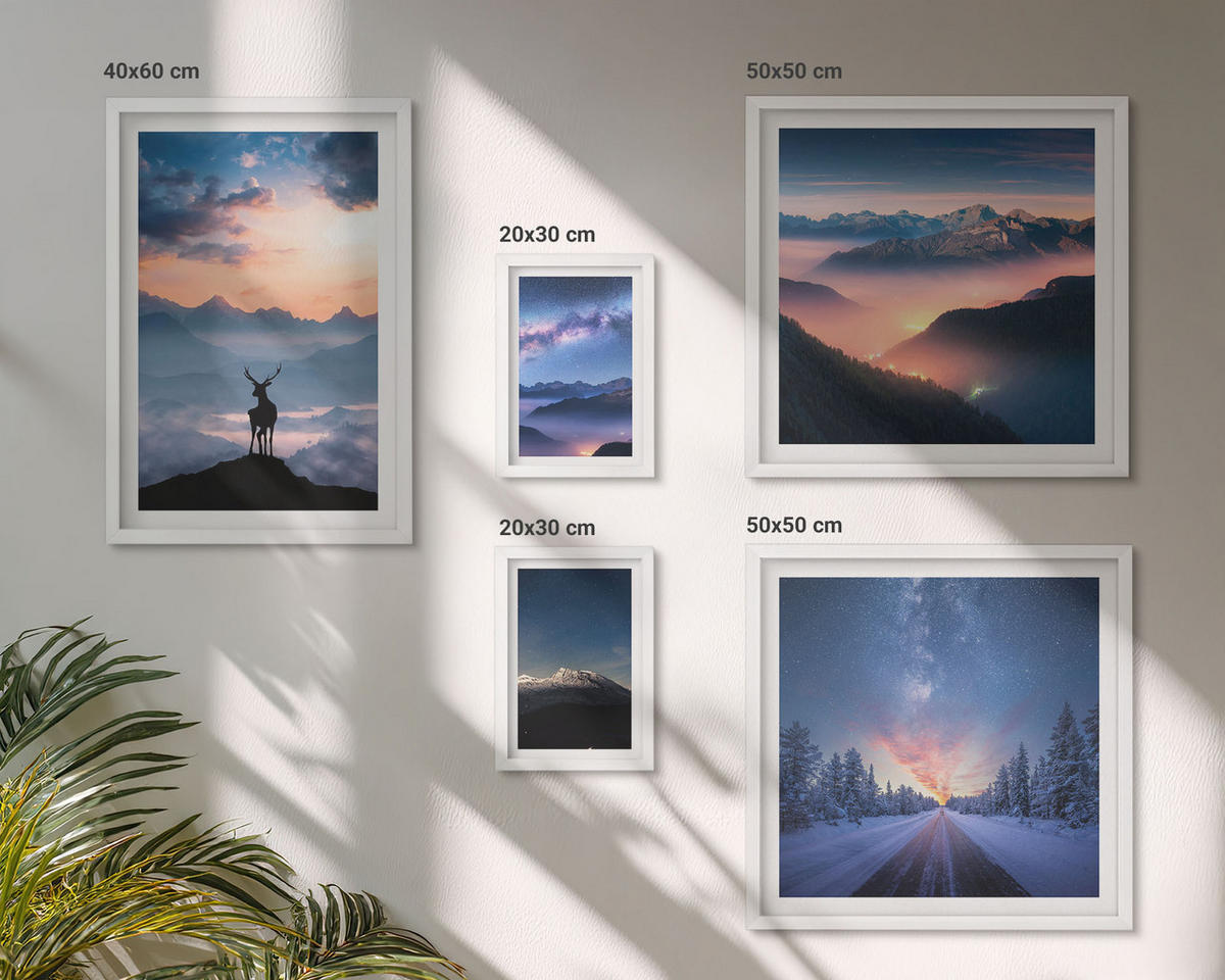 WANDBILDER 5er-Set - 50x50 cm & 20x30 cm & 40x60 cm Weißer Rahmen - Nachthimmel Berge Nebel Hirsch - Weiß, Kunststoff (40/60cm) - ArtPrintCave
