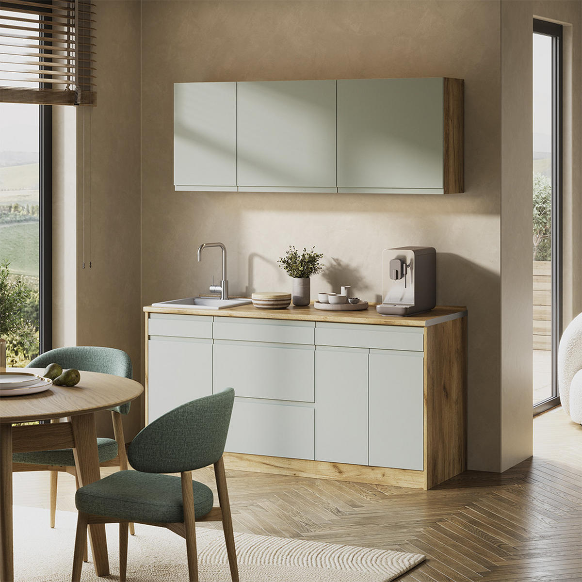 SINGLEKÜCHE R-Line, Pastellgrün/Goldkraft Eiche, 160 cm Arbeitsplatte Weiß - Eichefarben/Pastellgrün, Holzwerkstoff (160/81.6/60cm) - Vicco