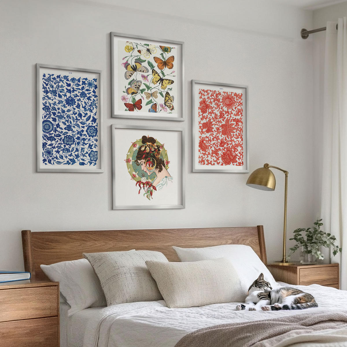 BILDER SET 4er Set - 50x50 cm & 40x60 cm Silberner Rahmen - Vintage-Blumen-Schmetterlings-Ornamente - Silberfarben, Kunststoff (50/50cm) - TULUP