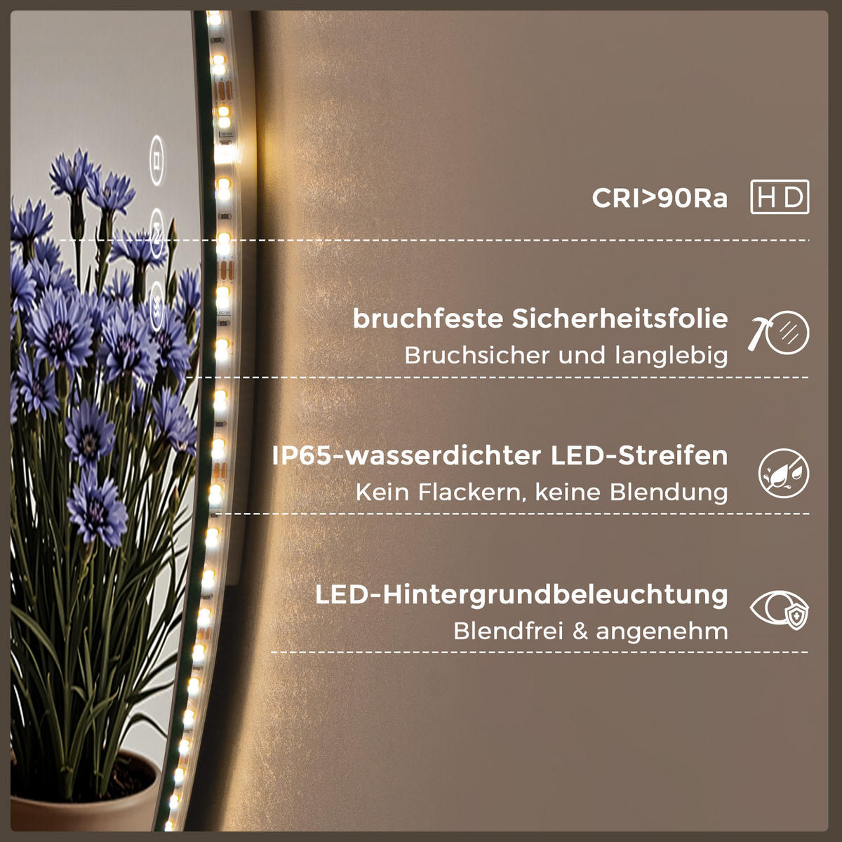 BADEZIMMERSPIEGEL mit Beleuchtung 80/70 cm asymmetrisch rahmenlos LED dimmbar mit Antibeschlag - Transparent, Glas (80/70/2.5cm) - S'AFIELINA