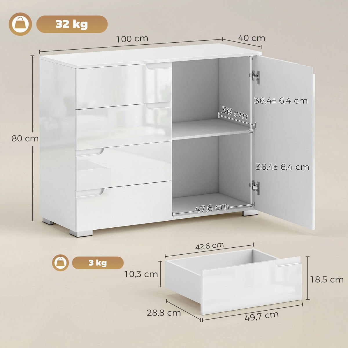 SIDEBOARD Weiß Hochglanz, 4 Schubladen, 1 Tür, 100/40/80 cm - Weiß Hochglanz, Holz (100/80/40cm) - PANGIVO