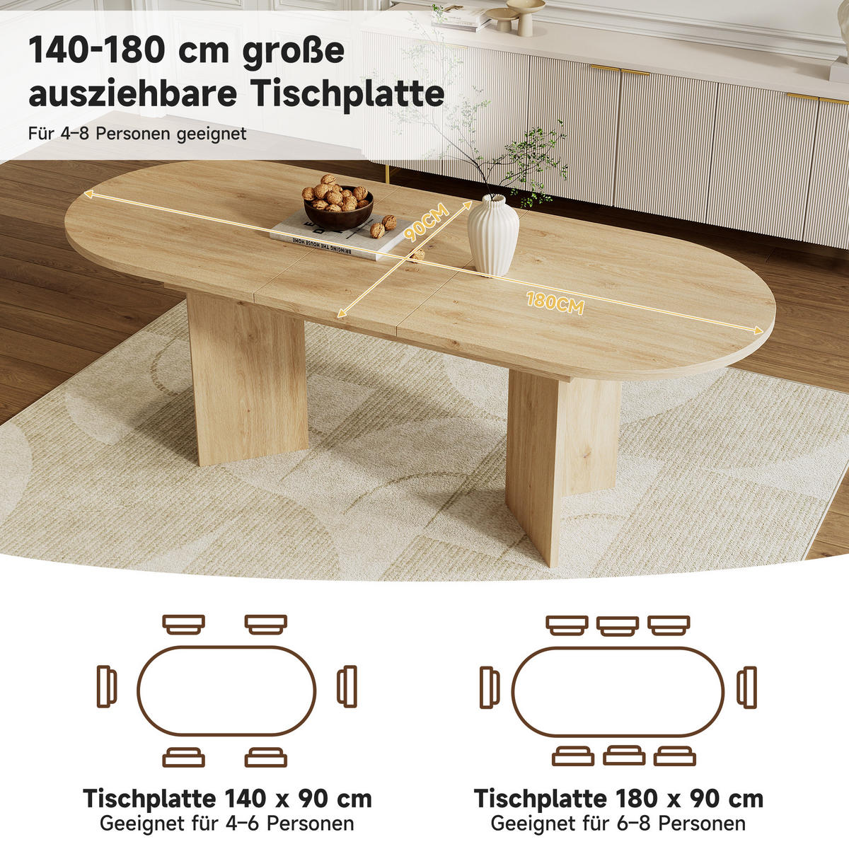 ESSTISCH Ausziehbarer 140/180/90 cm eichefarben mit abgerundeten Ecken aus MDF - Eichefarben, Holzwerkstoff (180/90/75cm) - OKWISH