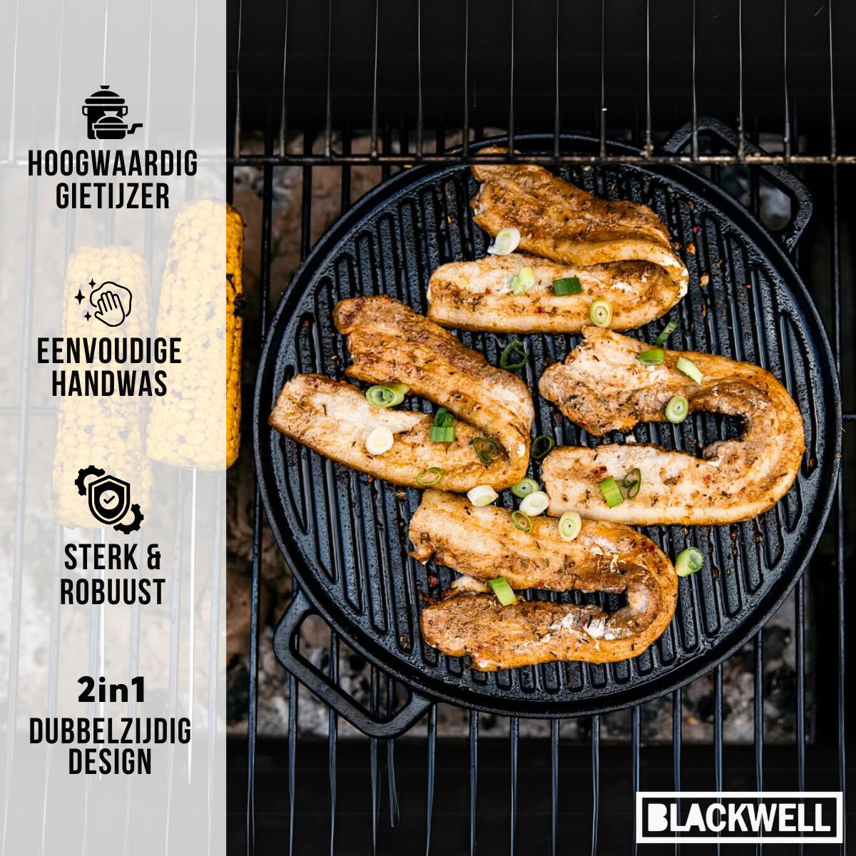 GRILLPLATTE BBQ / Backplatte aus Gusseisen Ø 30 cm – ohne Antihaftbeschichtung – beidseitig - Schwarz, Keramik (1/2/3cm) - Blackwell