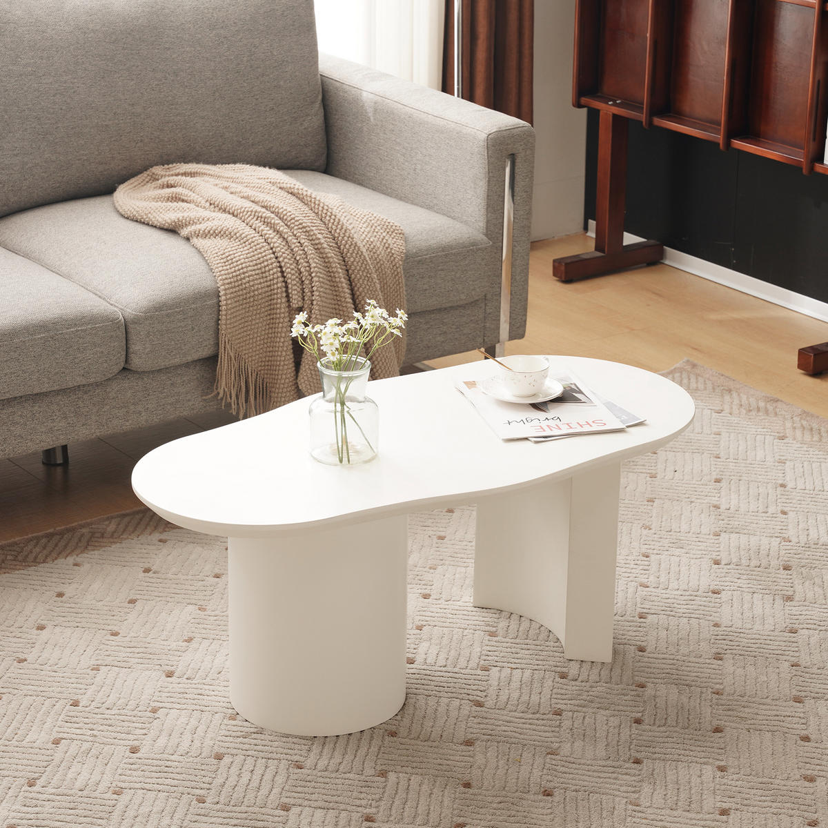 COUCHTISCH weiß aus MDF mit unregelmäßige und elegant geschwungene Tischplatte 100 × (40–50) × 40,5 cm - Weiß, Holzwerkstoff (50/100/40.5cm) - Luhomfu