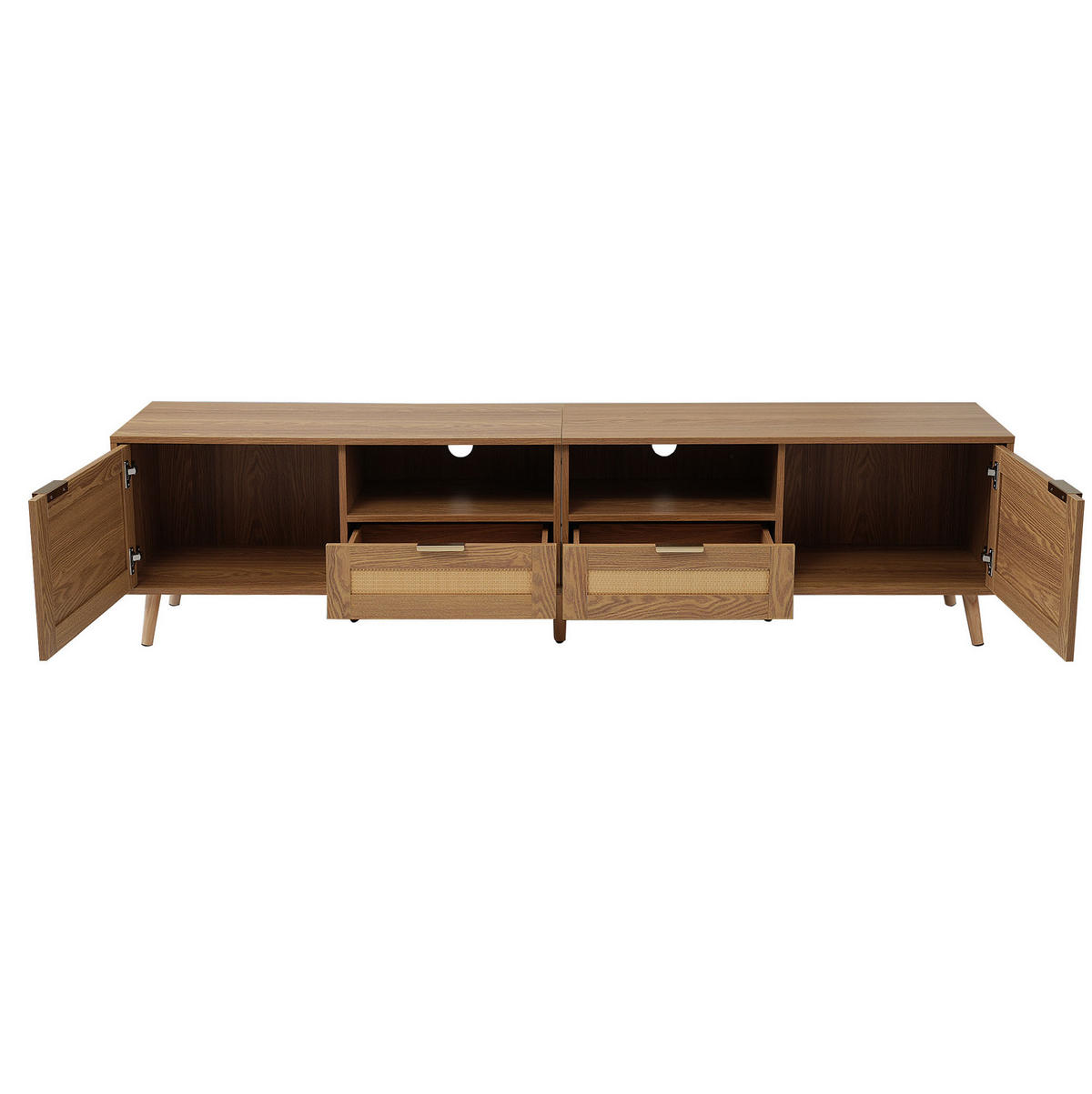 TV stolek 200/37/49 cm dub z dřevotřísky s ratanovým designem a nastavitelnými nohami - hnědá, kompozitní dřevo (200/49/37cm) - OKWISH