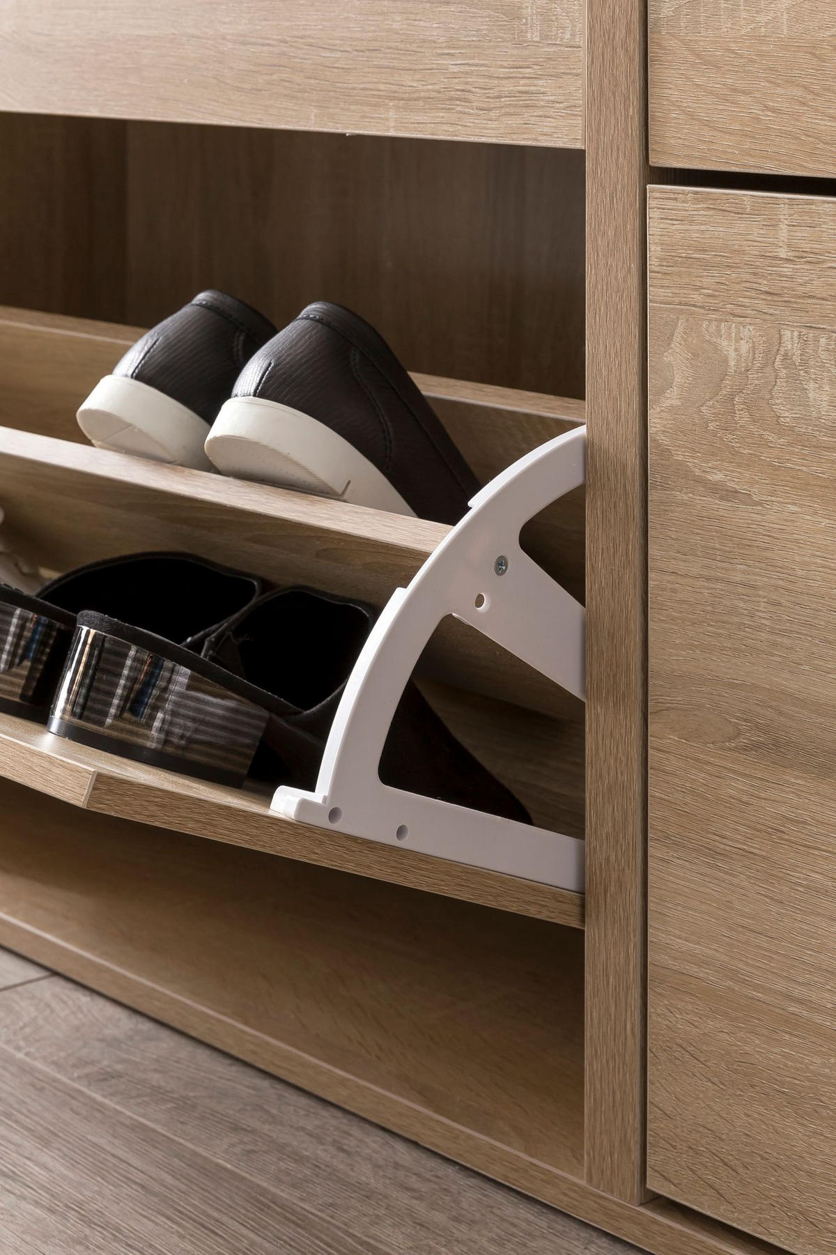 SCHUHSCHRANK Holz mit 4 Klappen und großer Ablage, Beige 120x24x81 cm - Beige, Holz/Metall (120/81/24cm) - KADIMA DESIGN