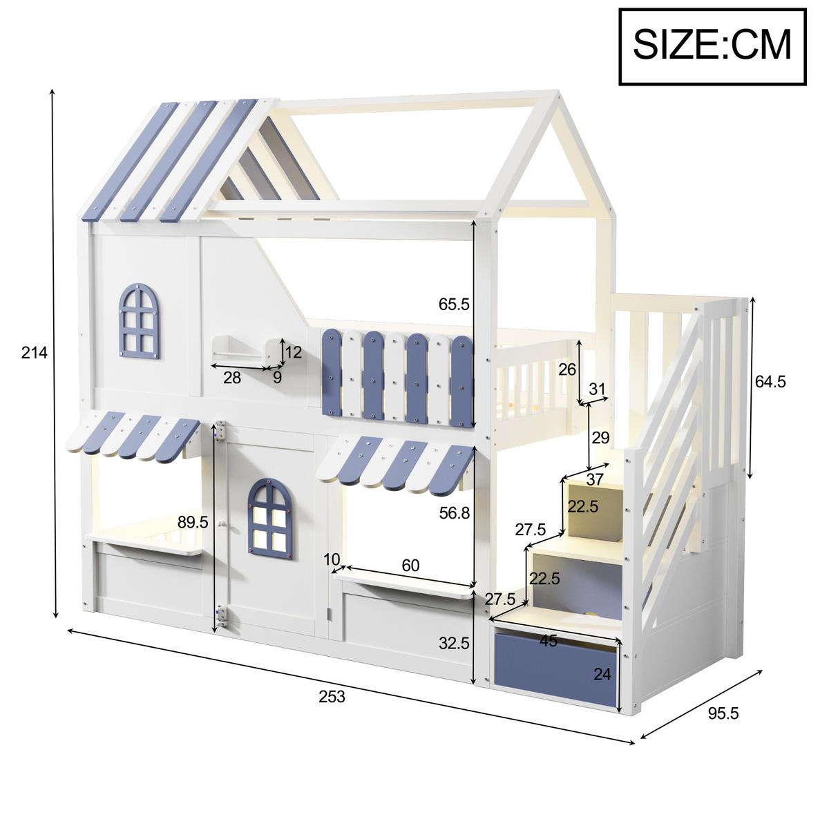 ETAGENBETT 90/200 cm weiß/blau aus Holz mit LED und Stauraum - Weiß, Holzwerkstoff (90/200cm) - OKWISH