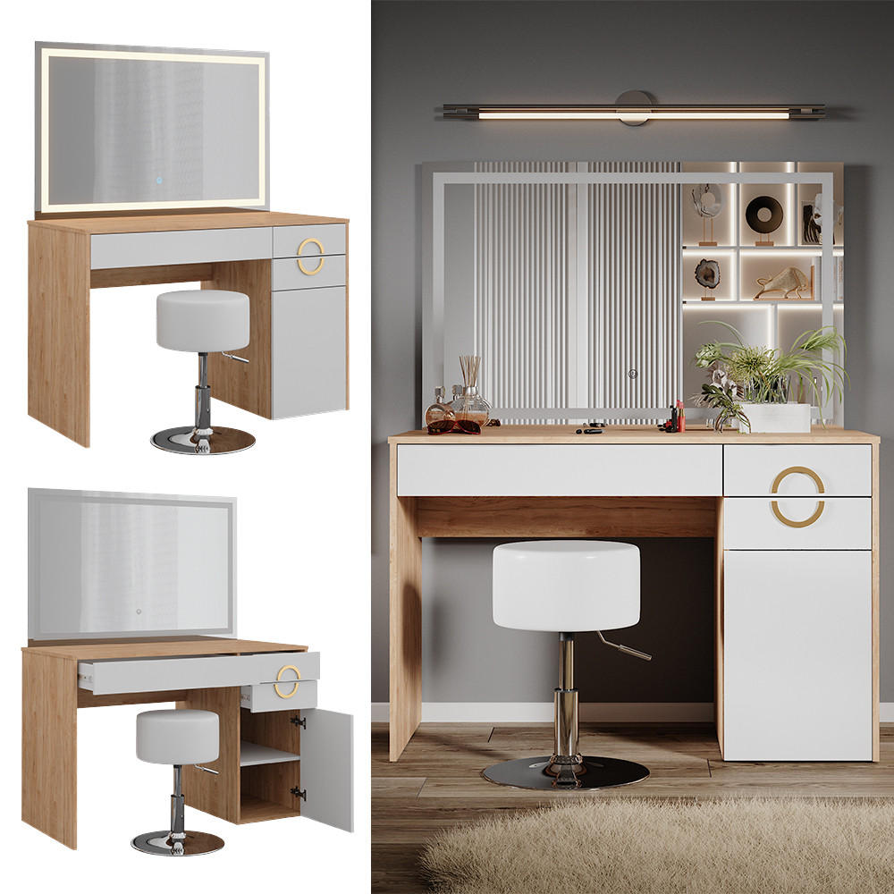 SCHMINKTISCH Adela Natural Rockford Hickory 115 cm mit LED Spiegel und Hocker - Trüffeleichefarben/Weiß, Holzwerkstoff (115/76.4/55cm) - Vicco