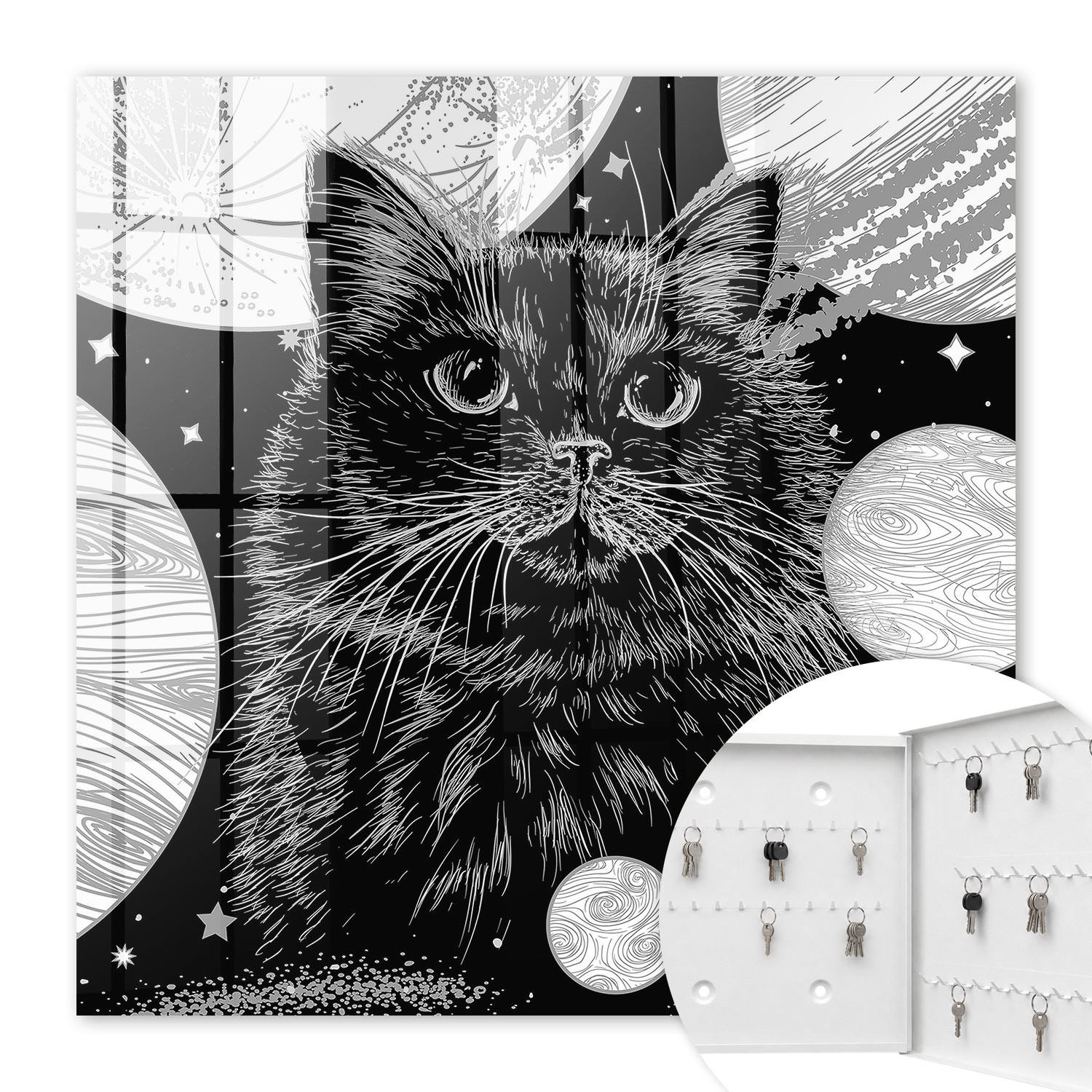 SCHLÜSSELBOX Weiß 30x30 cm – Türöffnung nach rechts - Weltraumkatze - Schwarz, Metall (30/30/5cm) - TULUP
