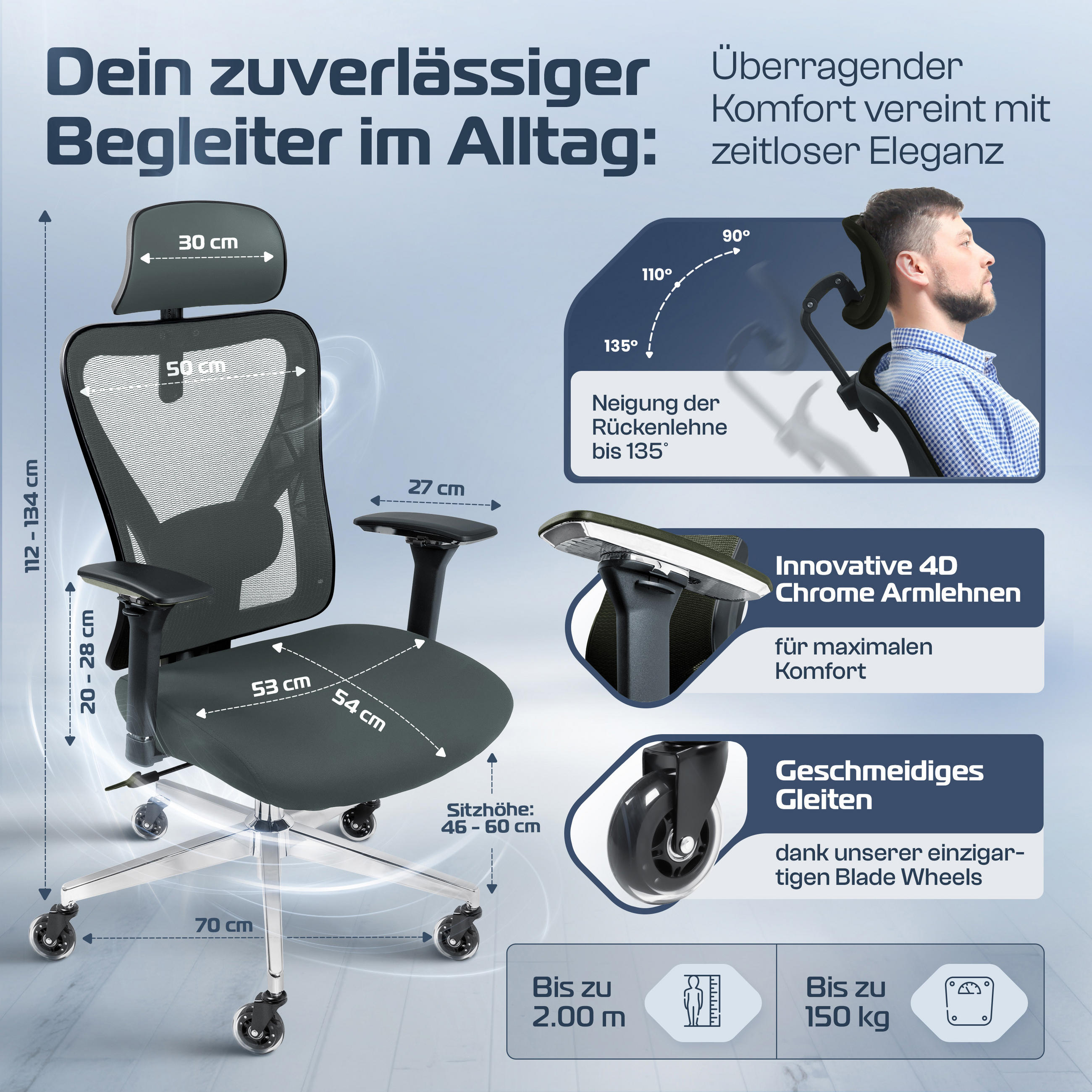 BÜROSTUHL CleverSeat Anthrazit - Anthrazit/Silberfarben, Kunststoff/Textil (70/134/70cm) - Clouvou