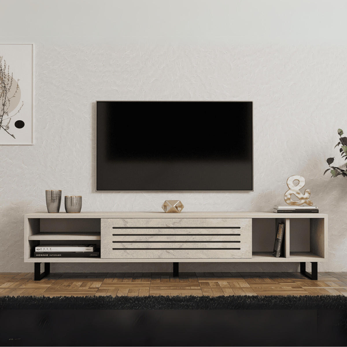 TV-MÖBEL mit 1 klapptür und 4 fächern, travertin-dekor- safir 160/40/35 cm - Beige, Holzwerkstoff (40/35/45cm) - Calicosy