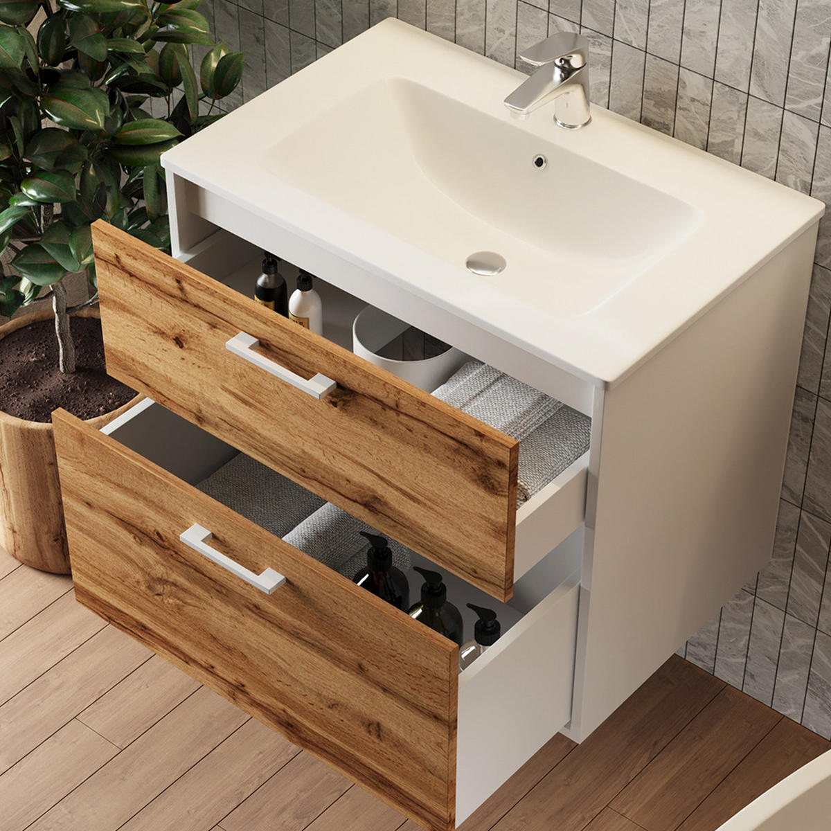 WASCHBECKENUNTERSCHRANK Lanco Weiß/Goldkraft Eiche 61 x 61.5 cm mit Waschbecken - Honigeiche/Weiß, Holzwerkstoff (61/61.5/46.5cm) - Vicco