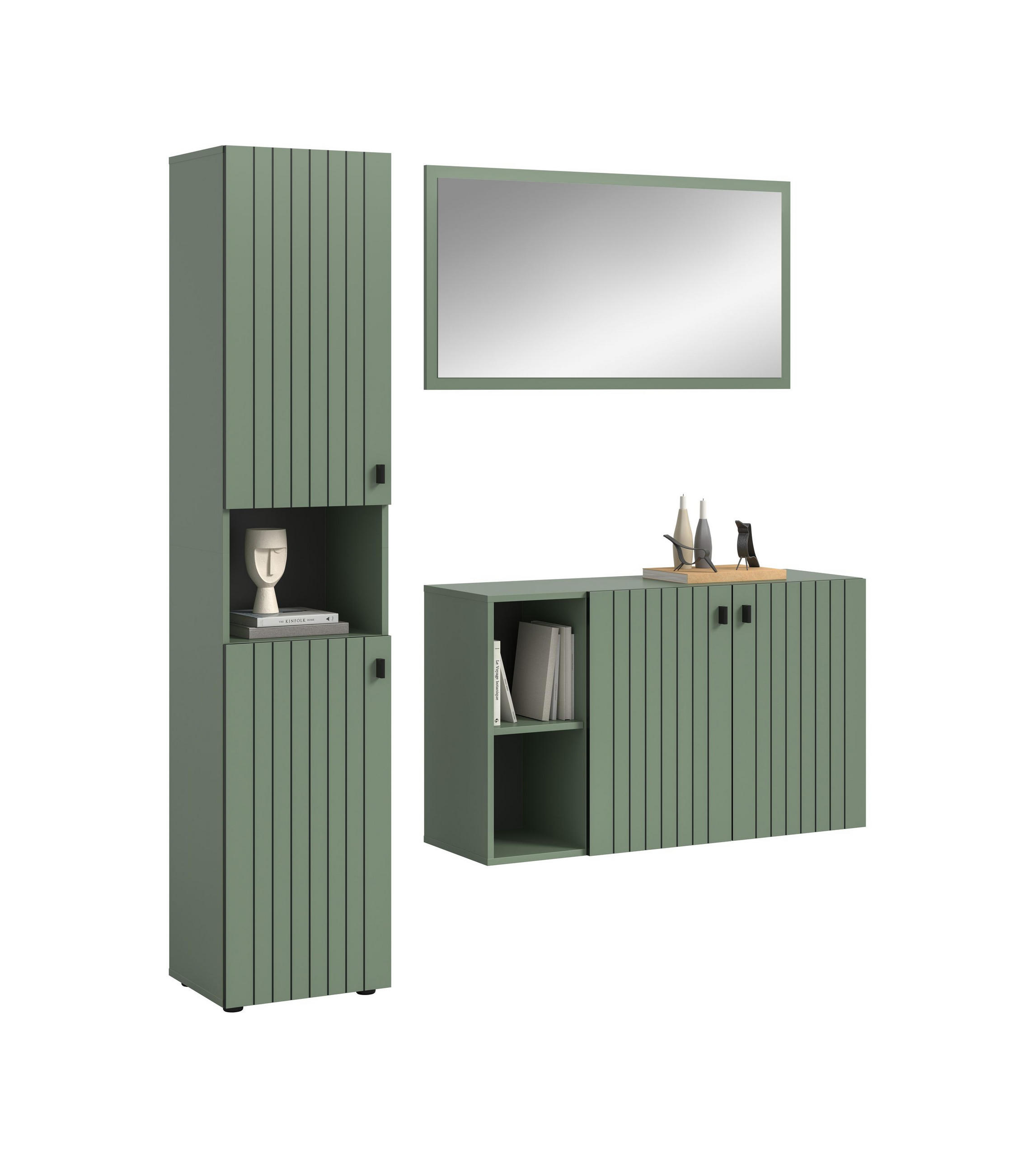 GARDEROBEN-SET STATION 3-tlg. (B/H/T: ca. 161/192/37 cm) in Smoke Green/Smoke Green - Dunkelgrün, Holzwerkstoff (161/192/37cm)