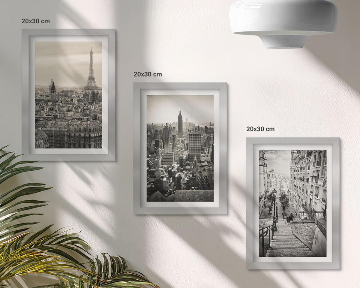 BILDER SET 3er Set - 20x30 cm Silberner Rahmen - Aussicht Paris New York Treppen - Silberfarben, Kunststoff (20/30cm) - TULUP