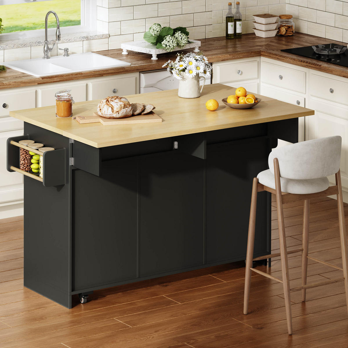 KÜCHENINSEL 120 cm FSC MDF Schwarz mit Klappbarer Arbeitsplatte und Gewürzregal - Schwarz, Holzwerkstoff (70/92/120cm) - Korfee