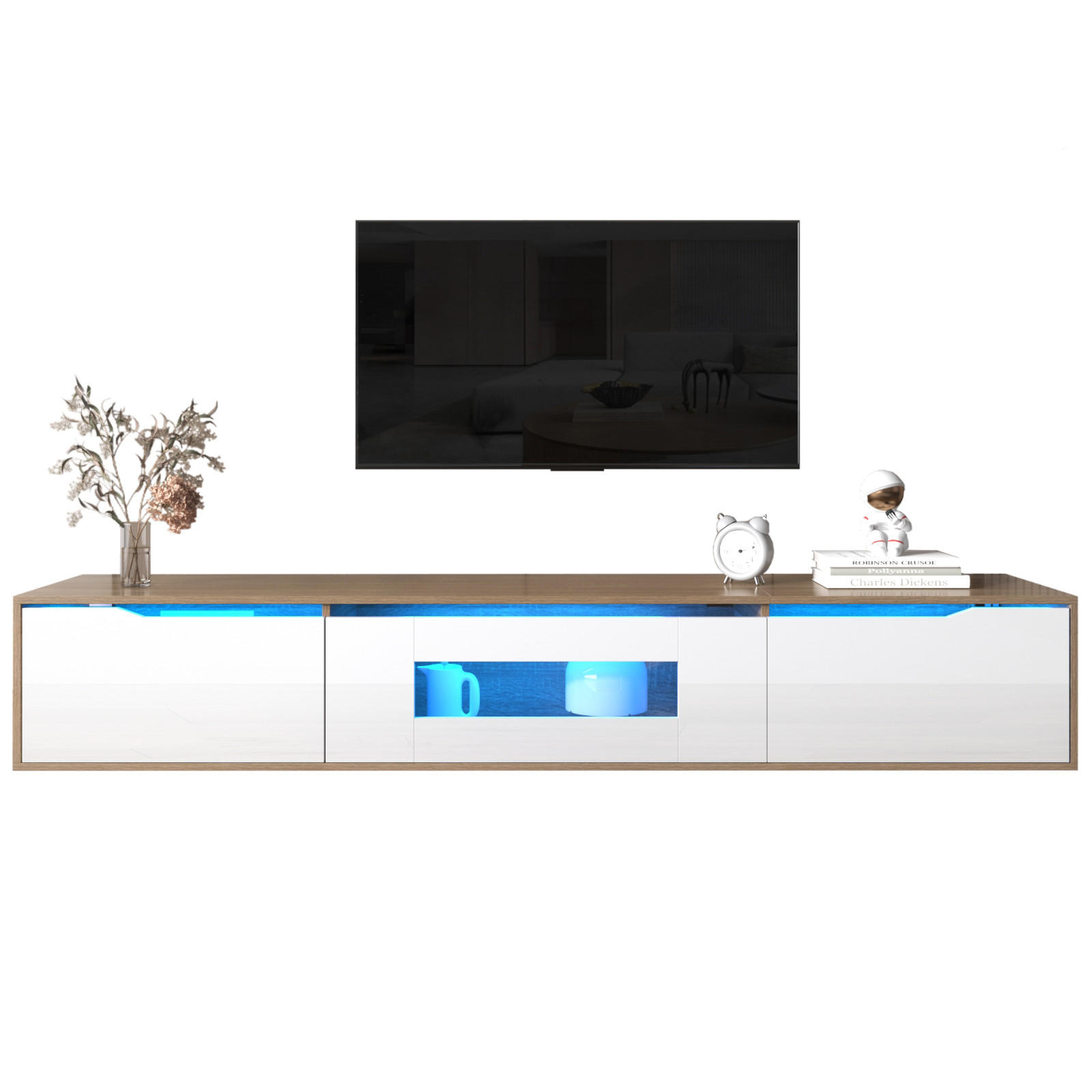 TV Lowboard LED 180x30x35 cm, hängend oder stehend, Weiß Holz - Weiß, Holz (180/30/35cm)