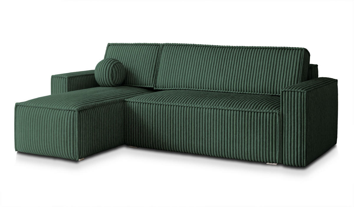 ECKSOFA RAVELO T Grün Kordstoff mit Schlaffunktion - Grün, Holz (240/140cm) - MASSENO