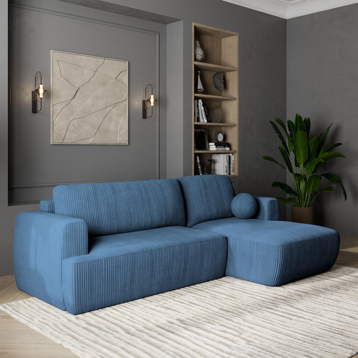 ECKSOFA SENTI P R-S Blau Kordstoff mit Schlaffunktion - Blau, Holz (246/148cm) - MASSENO