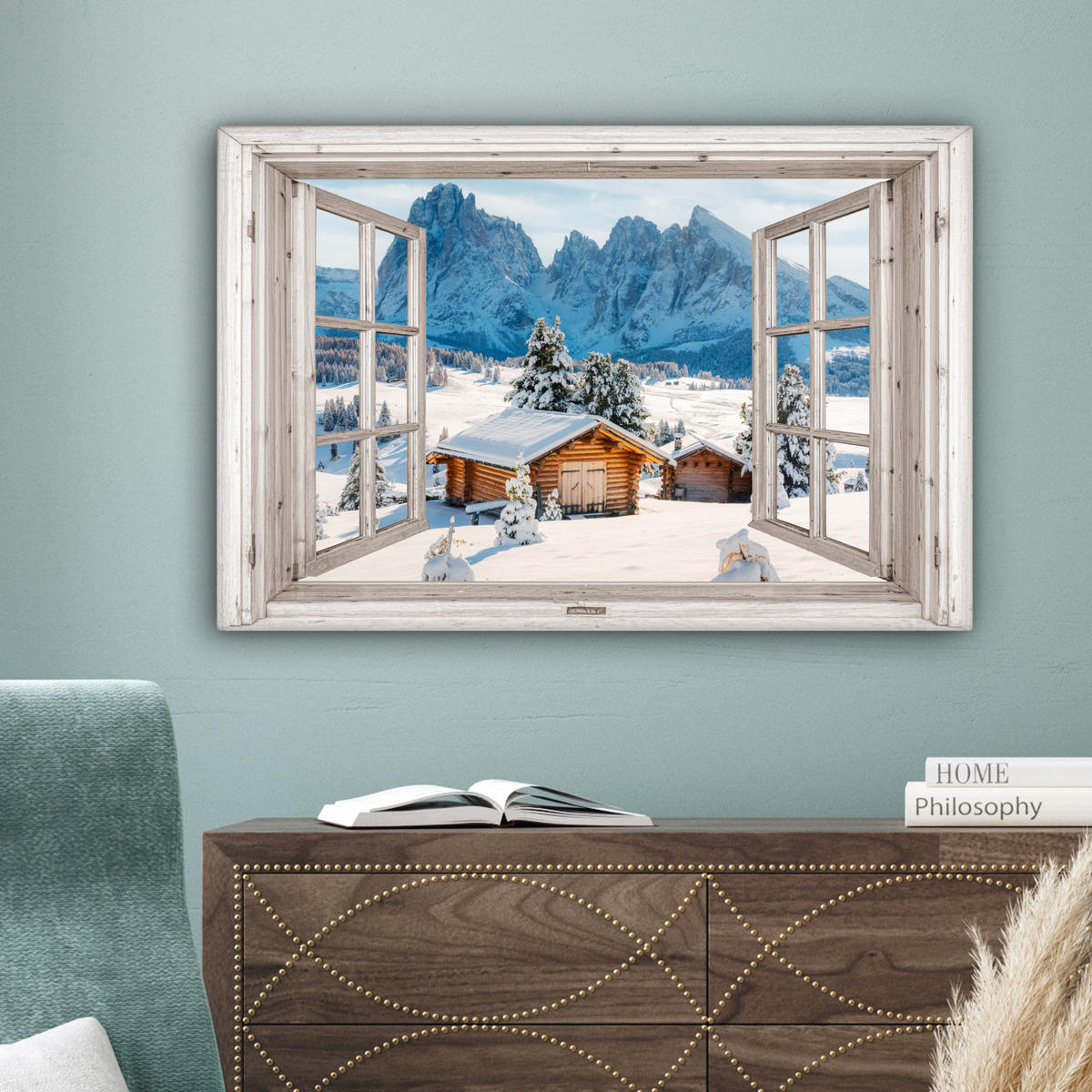 LEINWANDBILD Winterlandschaft - Hütte - Berge - Ausblicke - Aussicht - Natur Wanddeko 90x60 cm - Weiß Hochglanz, Textil (90/60cm) - MuchoWow